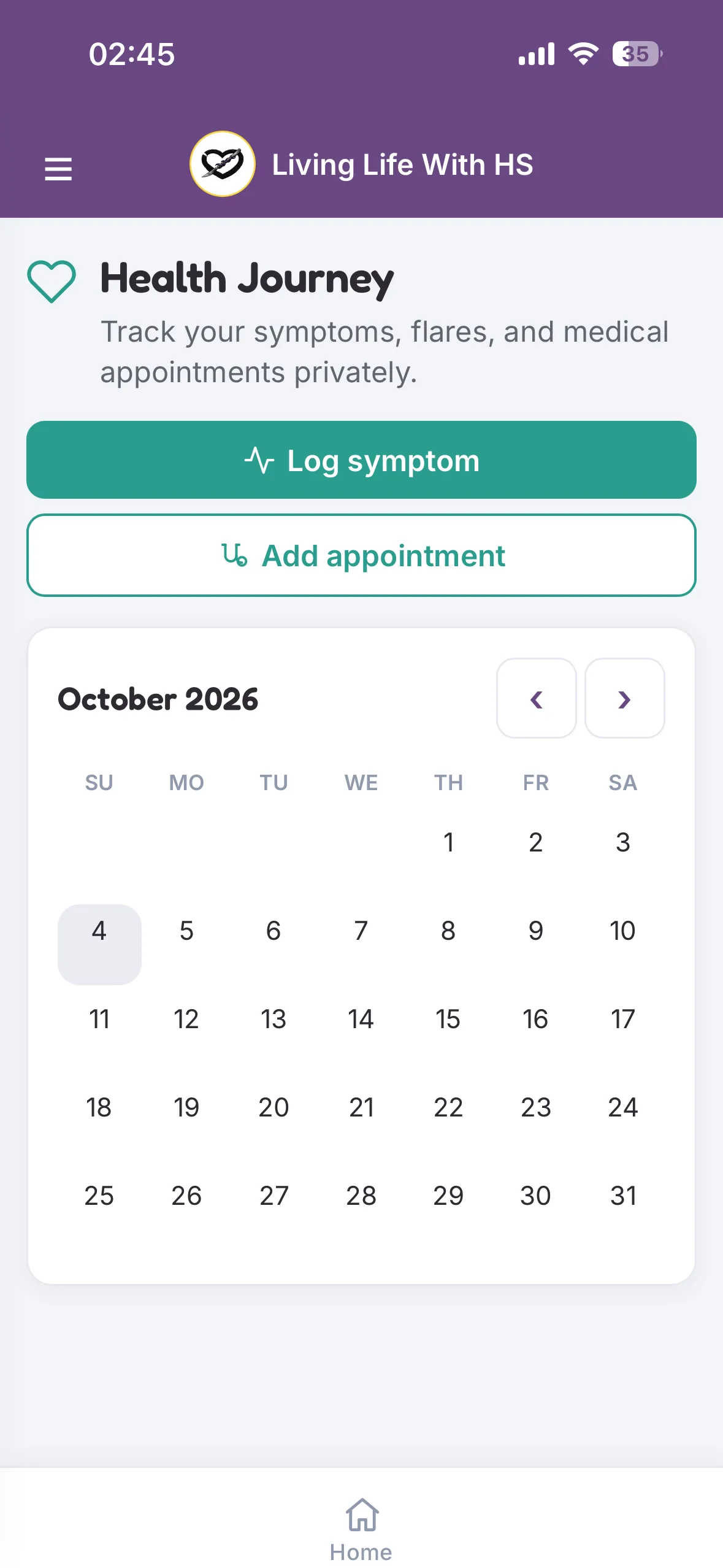 Health journey in the Living Life With HS app, with a calendar and buttons to log a symptom or add an appointment