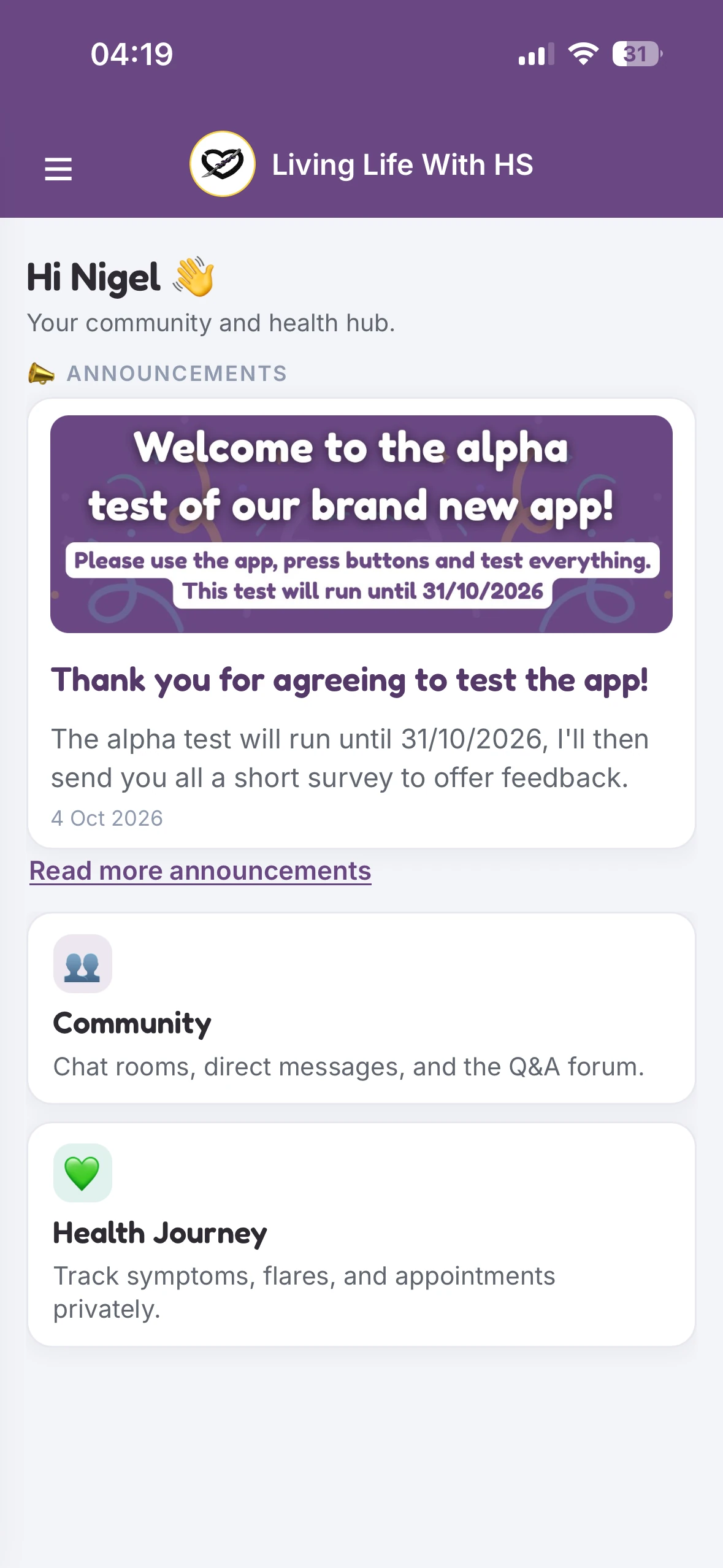 The Living Life With HS app home, with Community and Health Journey