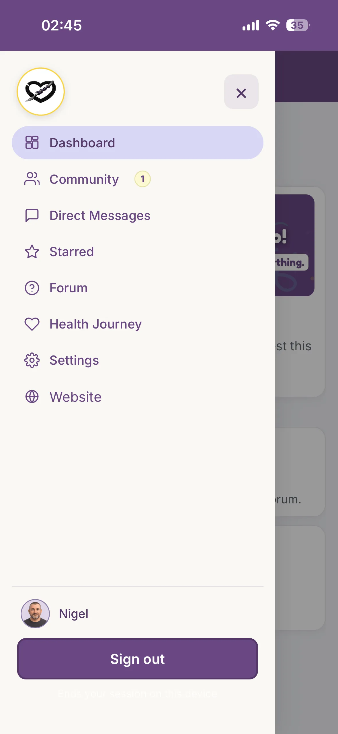 The app menu, including Settings, Health Journey, and the website