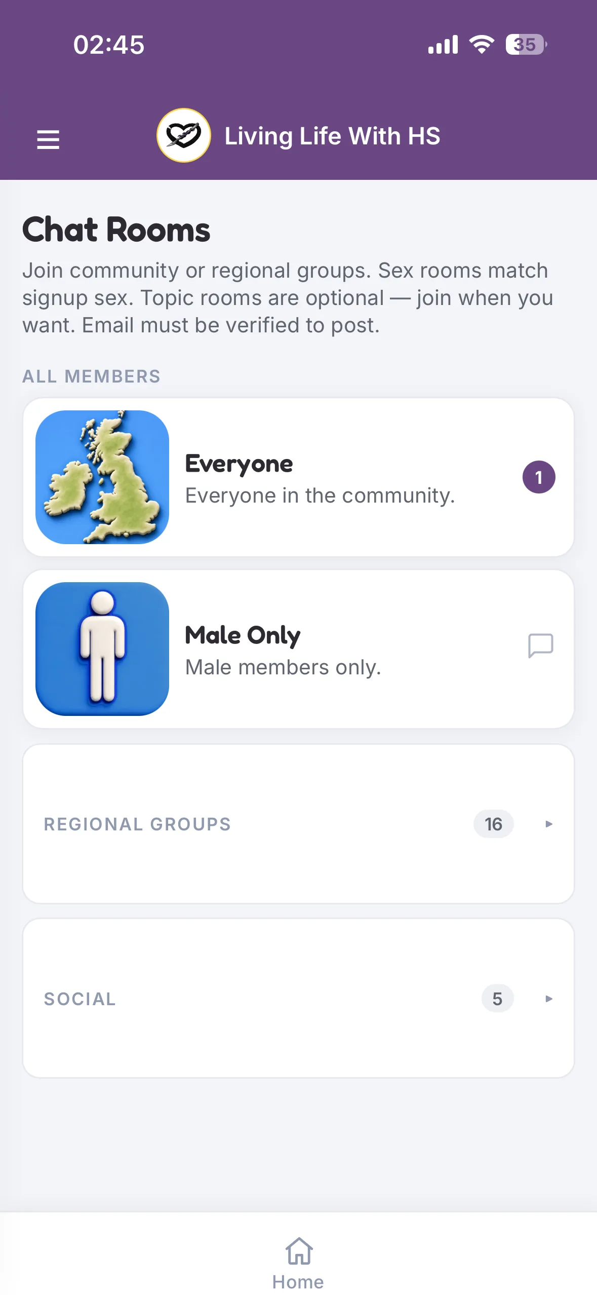 Chat rooms in the Living Life With HS app, including Everyone, Male Only, regional groups, and social rooms