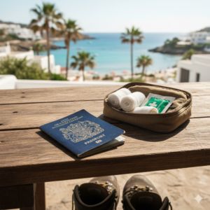A UK passport and a travel first-aid kit with bandages on a wooden table overlooking a sunny Mediterranean coast, showing it is possible to travel with HS.