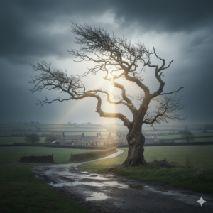 A resilient old tree standing alone in a field after a storm, symbolizing strength and survival with HS.