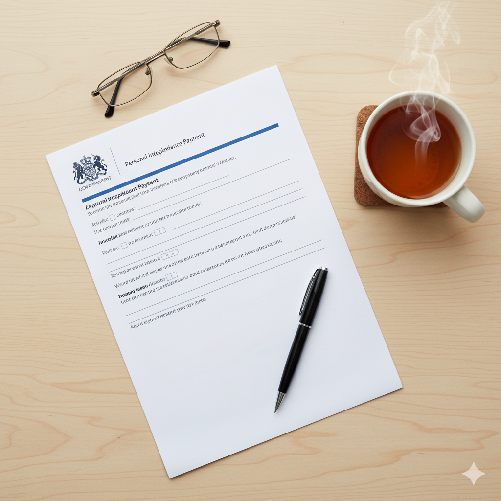 A guide to claiming PIP for HS in the UK, showing a DWP form on a desk.