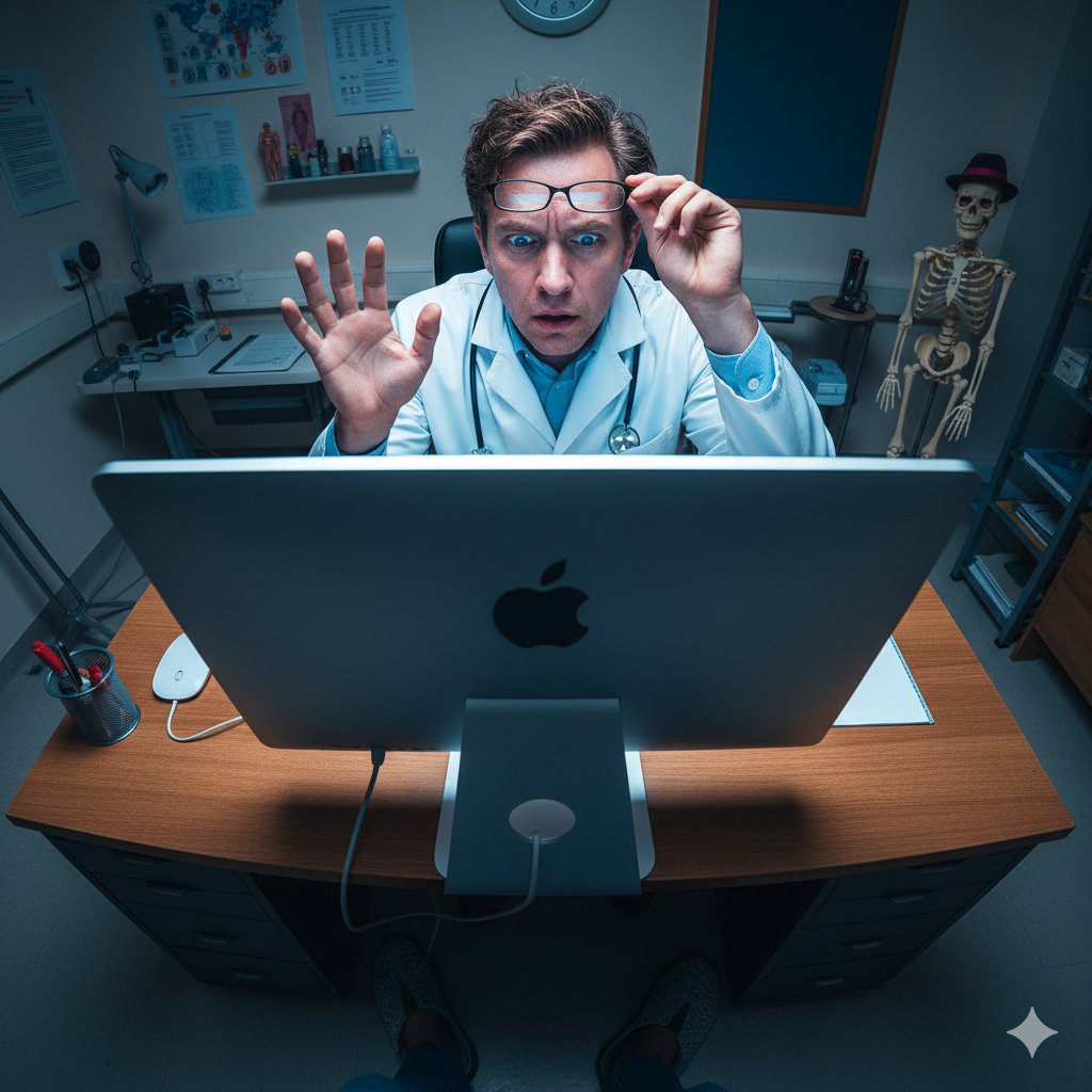 A doctor ignoring a patient to look at a PC screen, symbolizing a bad GP experience with the NHS for HS.