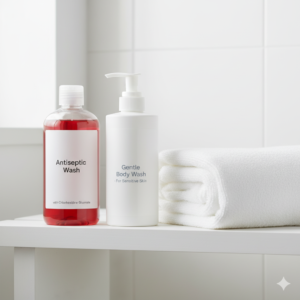 A collection of antiseptic washes and gentle soaps, like Hibiscrub, recommended for managing HS skincare in the UK.