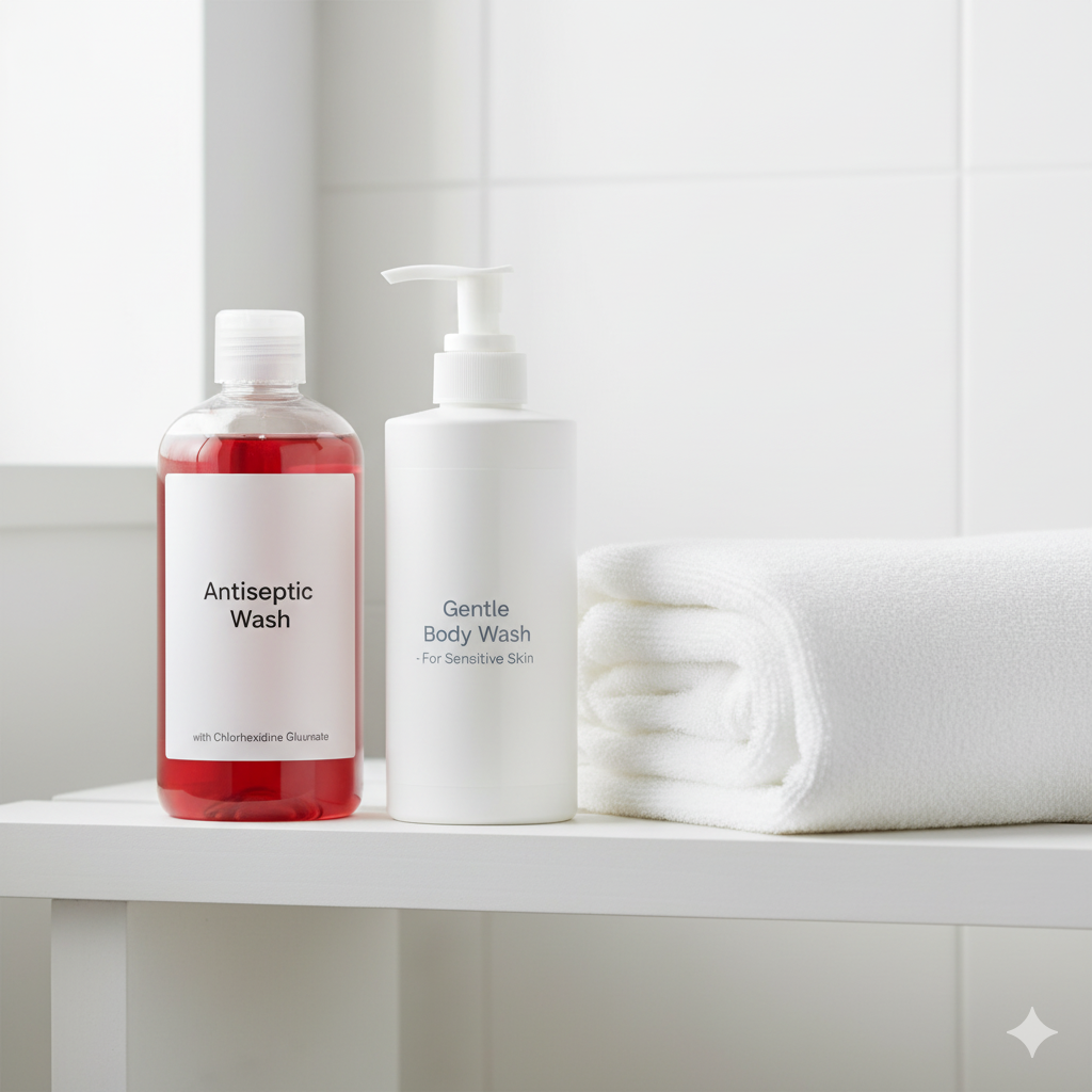 A collection of antiseptic washes and gentle soaps, like Hibiscrub, recommended for managing HS skincare in the UK.