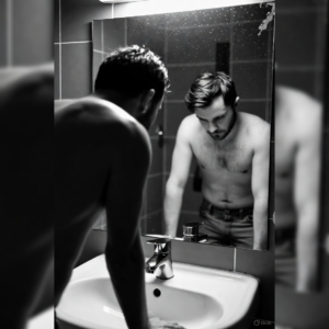 imaA man looking down at his hands, not his reflection, symbolizing the internal struggle of HS and masculinity.ge editor