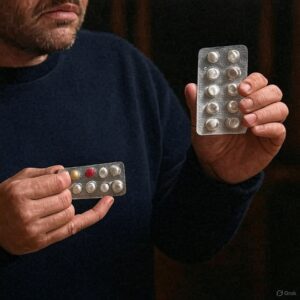 A man contemplating a blister pack, representing the difficult decision of taking long-term antibiotics for HS.