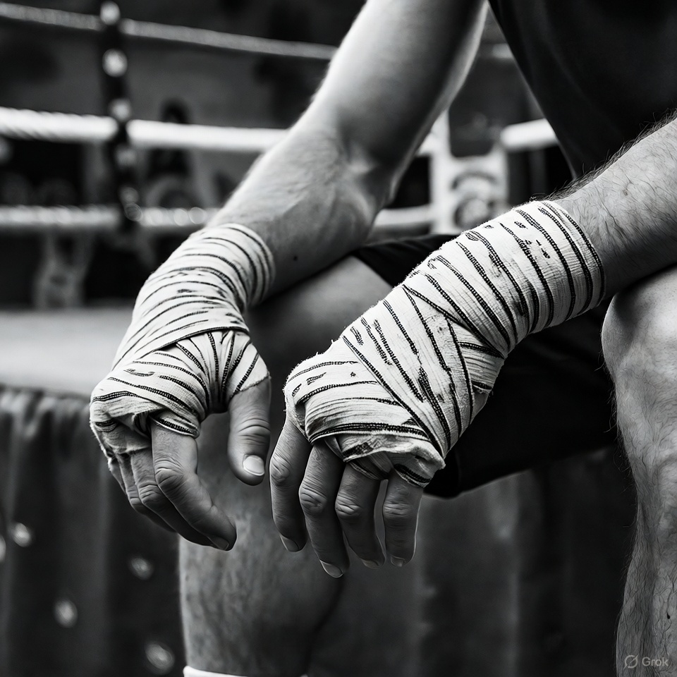 A man's wrapped hands resting after boxing training, representing the HS warrior mindset and a personal warrior plan.