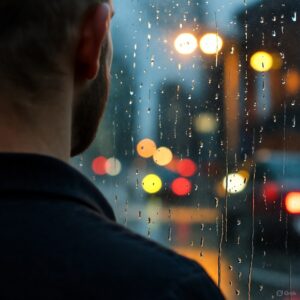 A man looking out a rain-streaked window, representing the social isolation and loneliness that comes with HS.