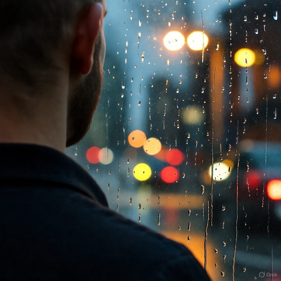 A man looking out a rain-streaked window, representing the social isolation and loneliness that comes with HS.