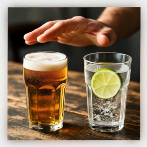 A man hesitating between a pint of beer and a glass of water, representing the lifestyle debate over HS triggers like alcohol.