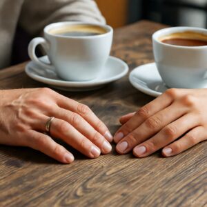 Two hands on a coffee shop table, about to have a serious conversation about HS and a new relationship.