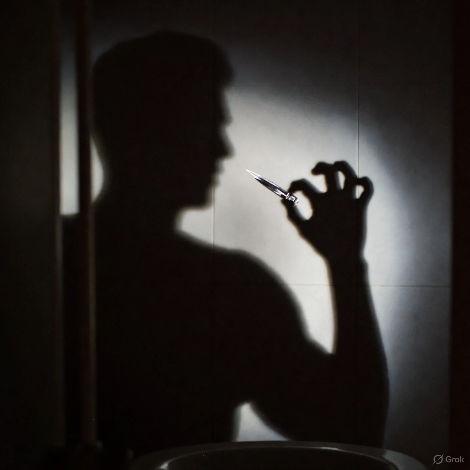 The shadow of a person in a bathroom, representing the desperation of considering DIY surgery or home lancing for an HS abscess.