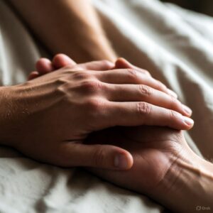 A couple holding hands on a bed, representing the importance of navigating intimacy and connection when living with HS.