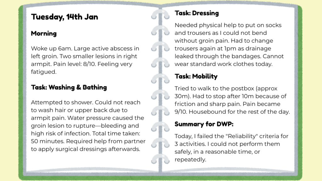 Sample Hidradenitis Suppurativa flare diary entry for PIP and UC evidence." This helps people using screen readers and tells Google exactly what the "tool" is.