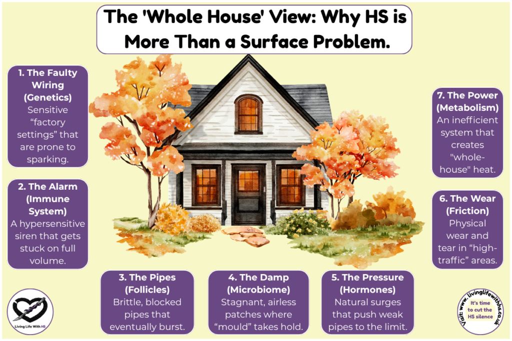 Infographic illustrating the 7 factors which contribute to Hidradenitis Suppurativa, using a house analogy.