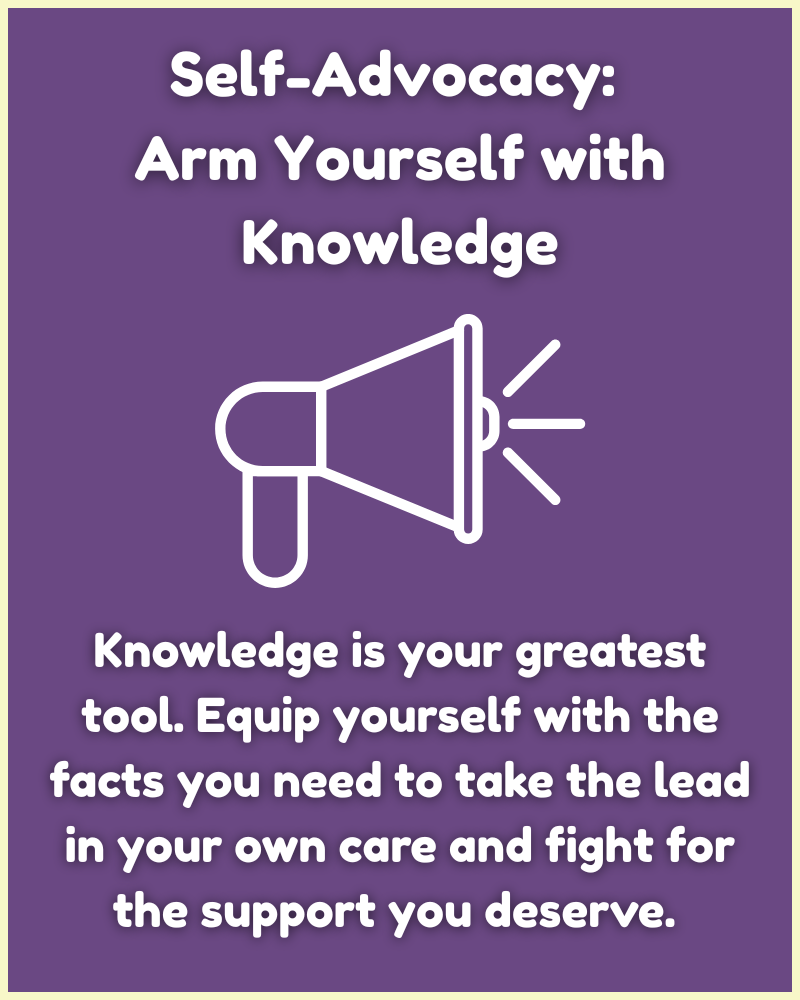 Home Self-Advocacy: Arm Yourself with Knowledge. An icon-based graphic for Living Life With HS C.I.C. featuring a megaphone icon. The text states: Knowledge is your greatest tool. Equip yourself with the facts you need to take the lead in your own care and fight for the support you deserve.