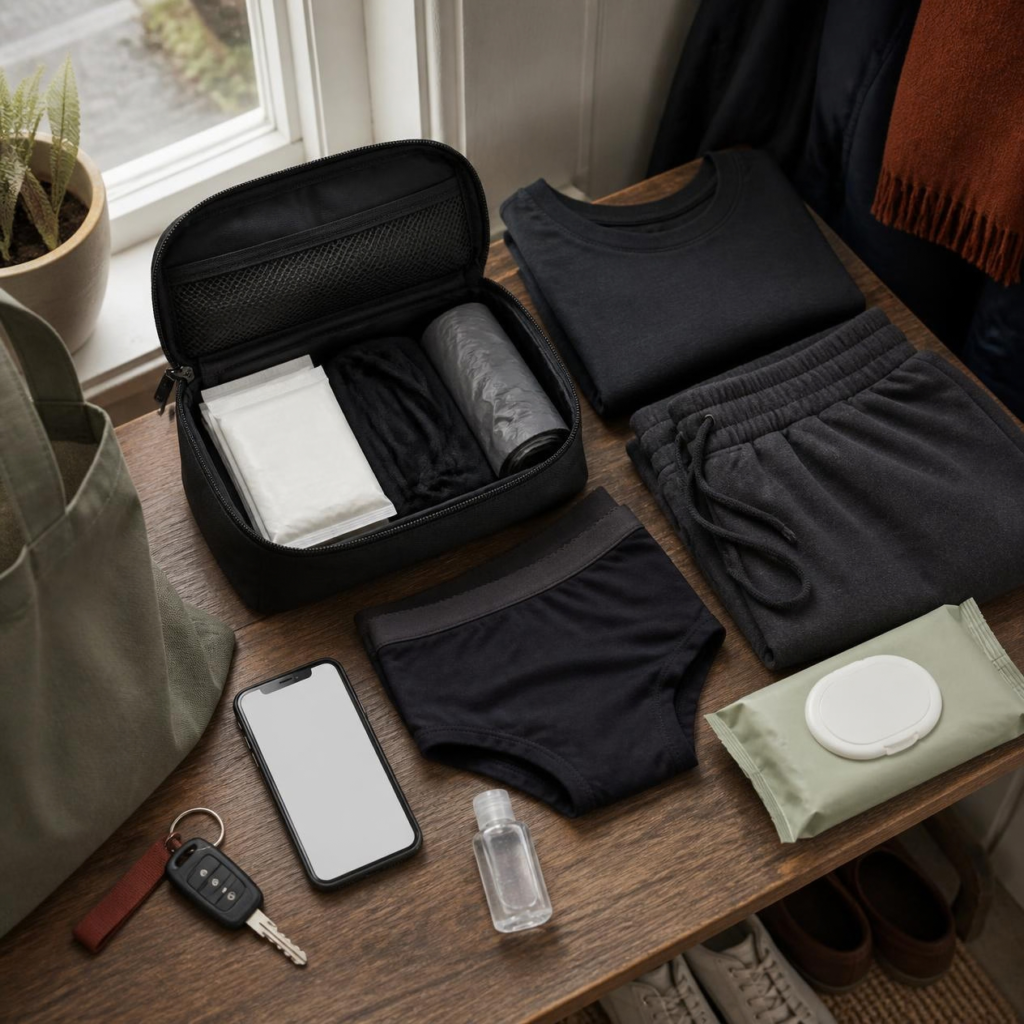 Everyday HS bad-day kit flat lay — pouch, spare clothes, dressings, wipes on a table.