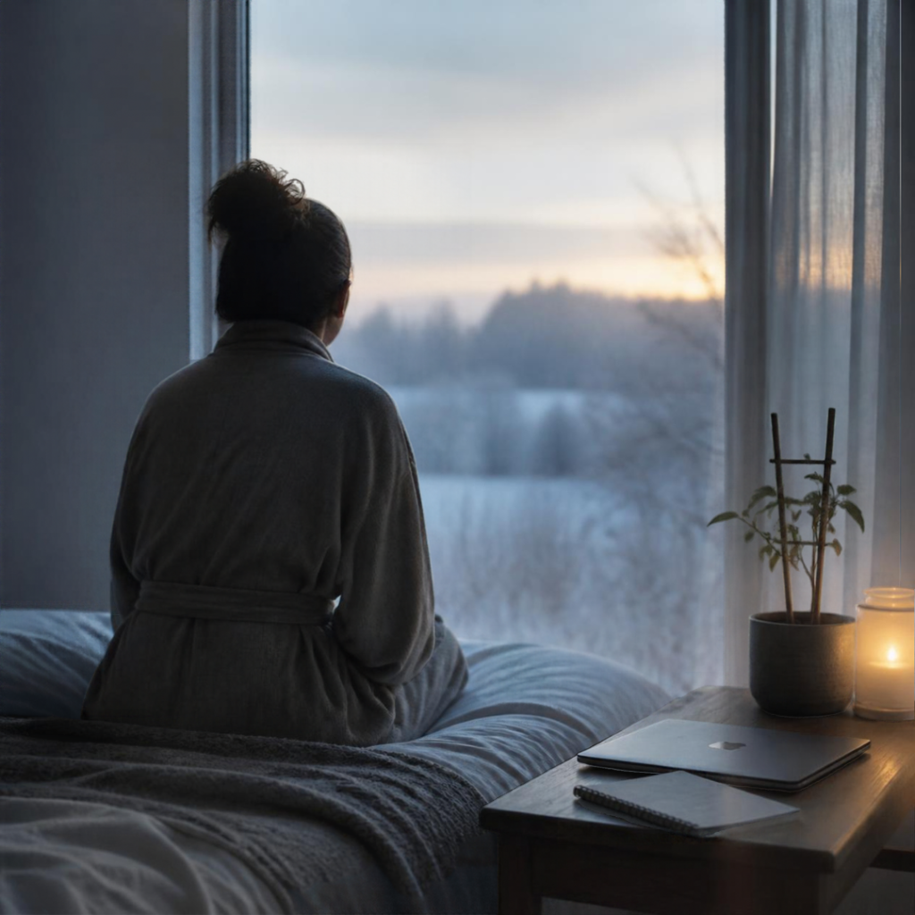 Does Stress Trigger HS? What Six Months of Building a CIC Did to My Skin Person in a dressing gown sitting on a bed, looking out of a window at a frosty winter dawn